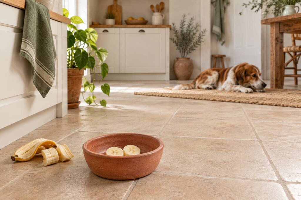 Chien couche pres d'une gamelle avec des rondelles de banane sur un carrelage clair