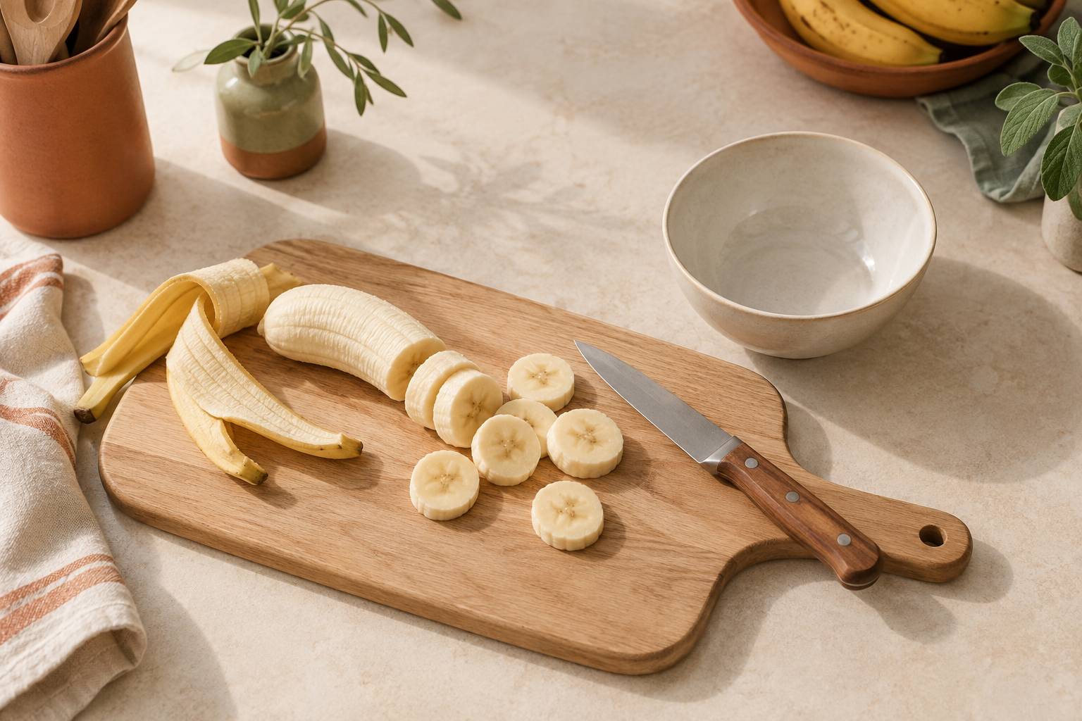Banane epluchee coupee en rondelles sur une planche en bois clair