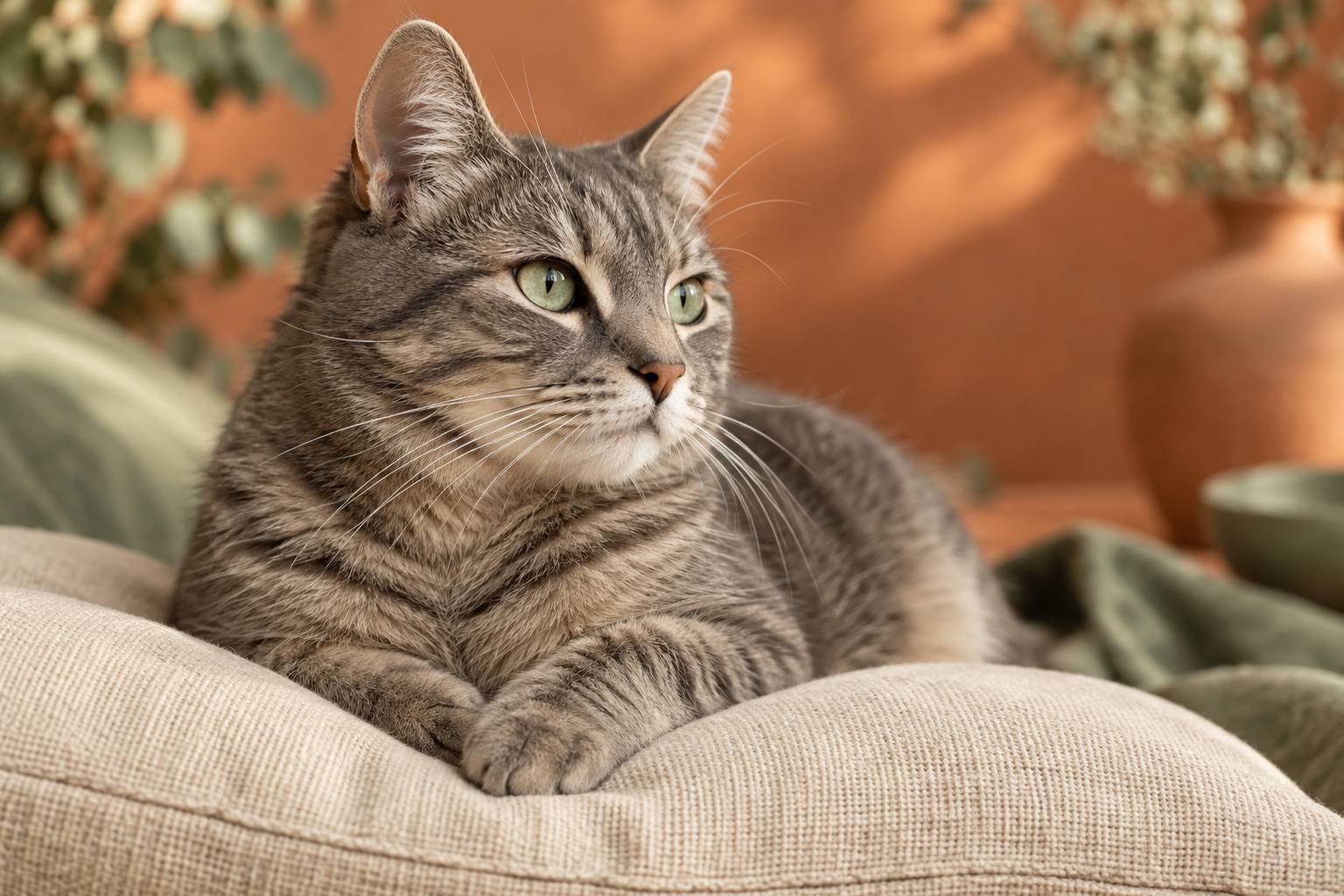Tête de chat gris tigré aux yeux verts posé sur un coussin en lin naturel