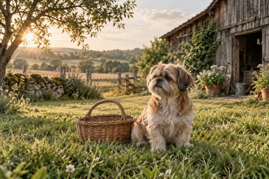 Chien generique au poil ebouriffe assis dans une cour de campagne