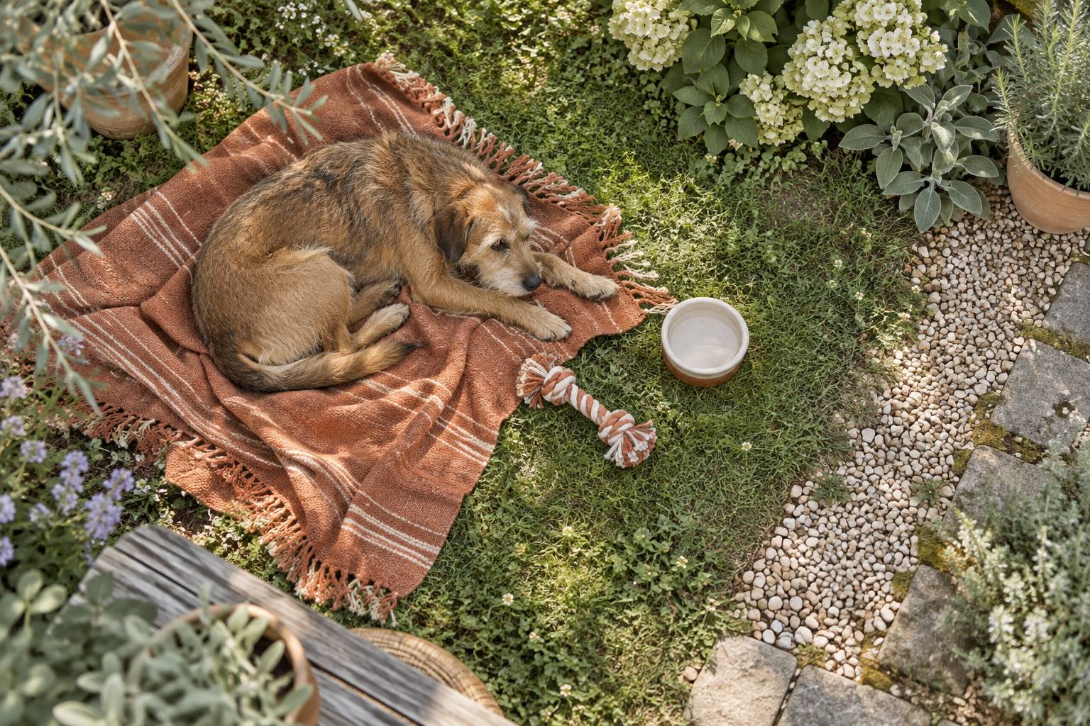 Chien rustique couche sur un plaid dans un jardin de campagne
